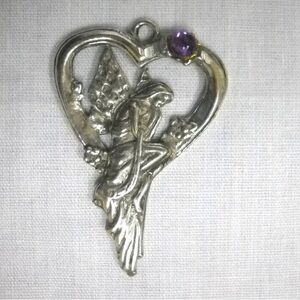 ‼️S O L D‼️Vintage Pewter Angel Heart Pendant with purple Gem